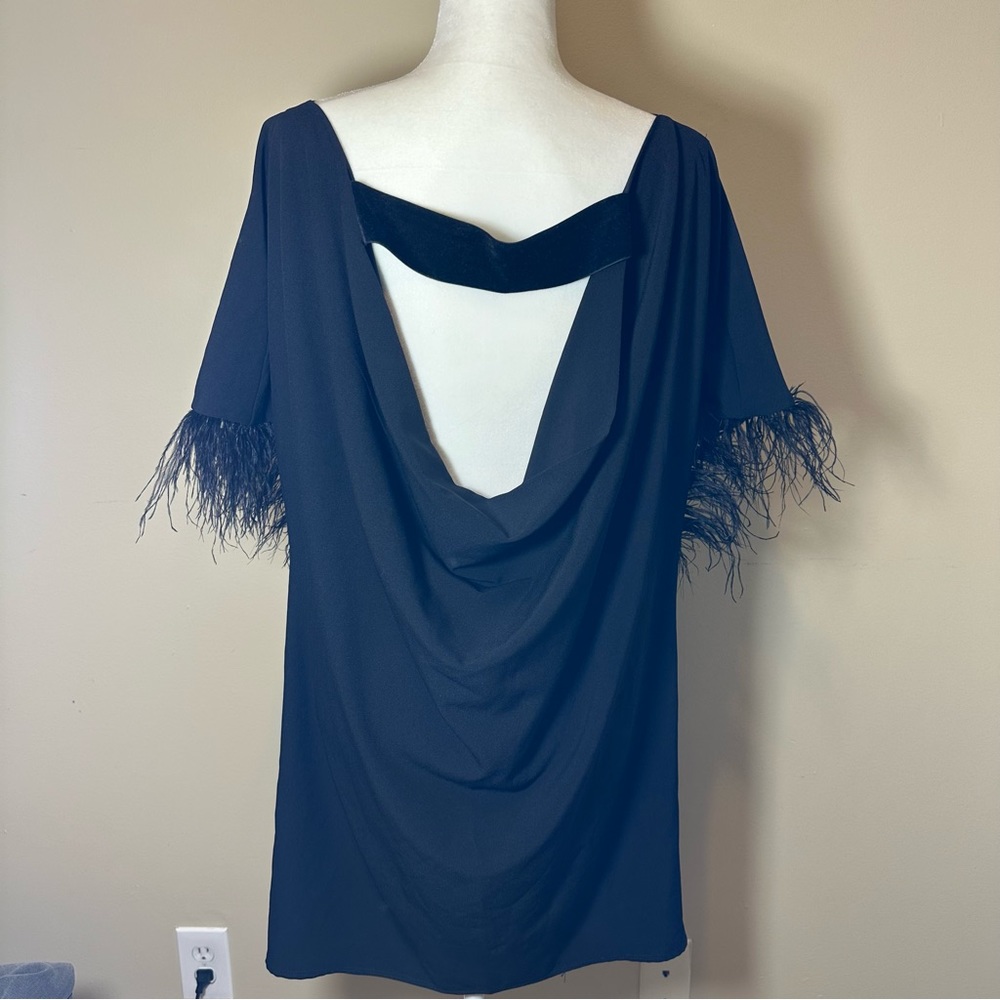 Jay by Jay Godfrey Ostrich Feather Sleeve Black Cocktail Dress with Open Back